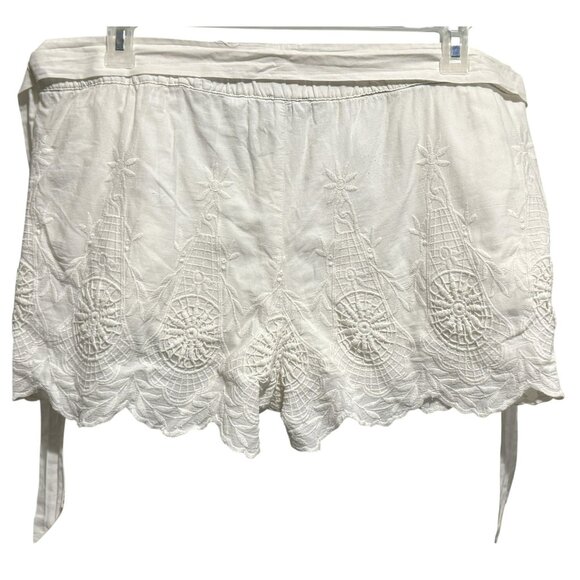 LOFT White Embroidered Scalloped Hem High Rise Fabric Tie Waist Shorts Sz Lg - Picture 4 of 7